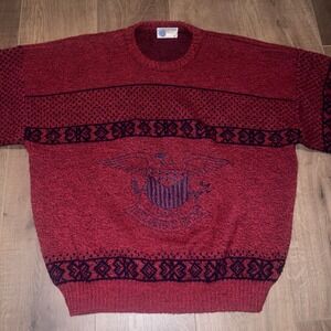 Vintage 90s Eagle Crest Knit Sweater Red Black Grandpa Core Americana Mens M